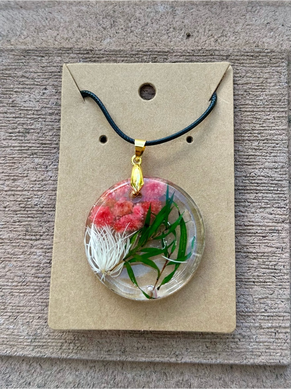 Handmade Resin Pendant Necklace with Pink and Green Floral Inlay